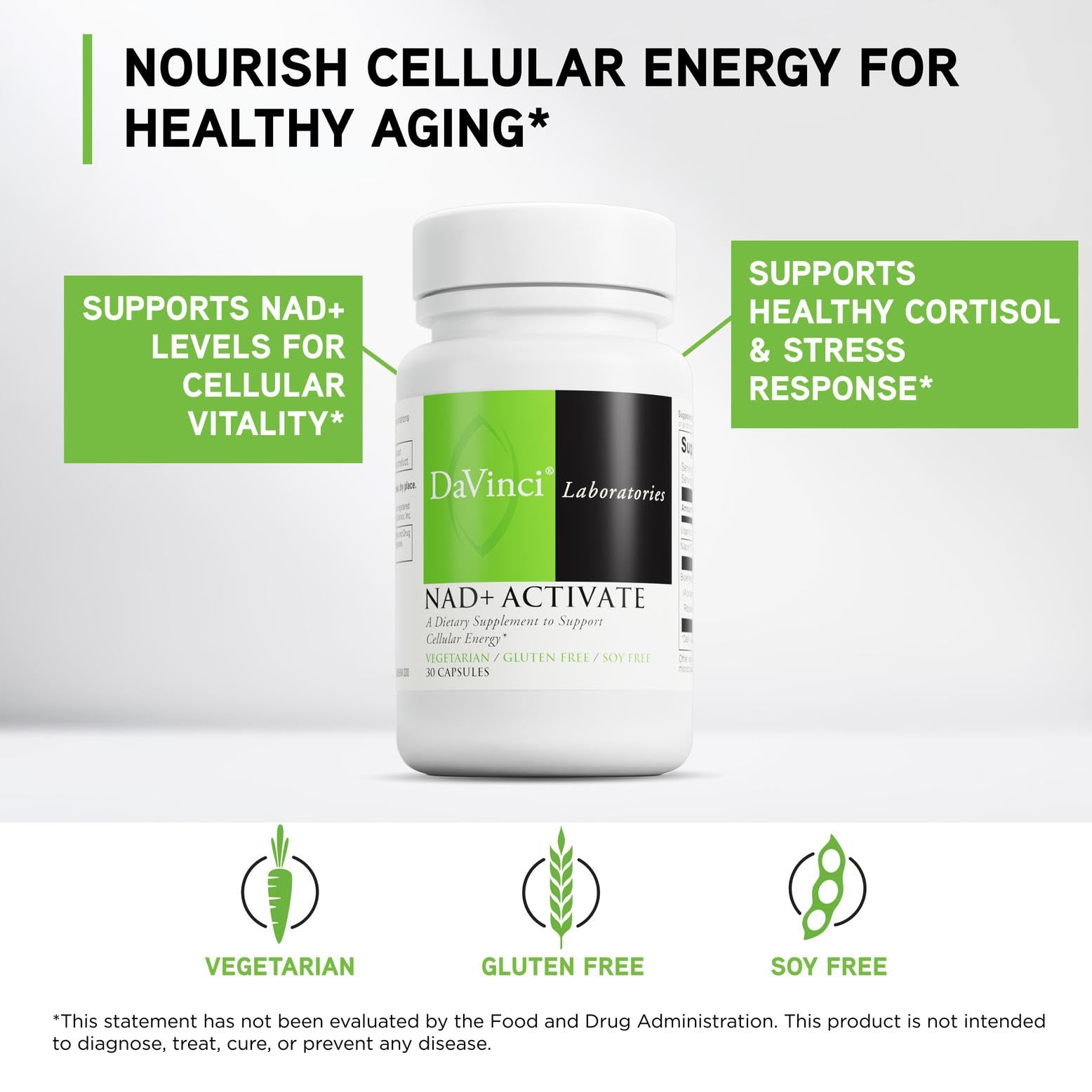 DAVINCI Labs NAD+ Activate - NAD Supplement with Vitamin C & Niacin - Helps Support Brain Health, Cellular Energy & More* - Vegetarian, Gluten-Free & Soy-Free - 30 Capsules DAVINCI uk supplements