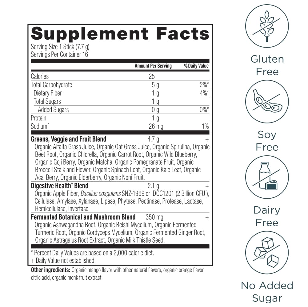 Ancient Nutrition SuperGreens Powder with Probiotics, Organic Mango Flavor Greens, Made from Real Fruits, Vegetables and Herbs, Digestive and Energy Support, 16 Stick Packs, 4.3oz Ancient Nutrition uk supplements