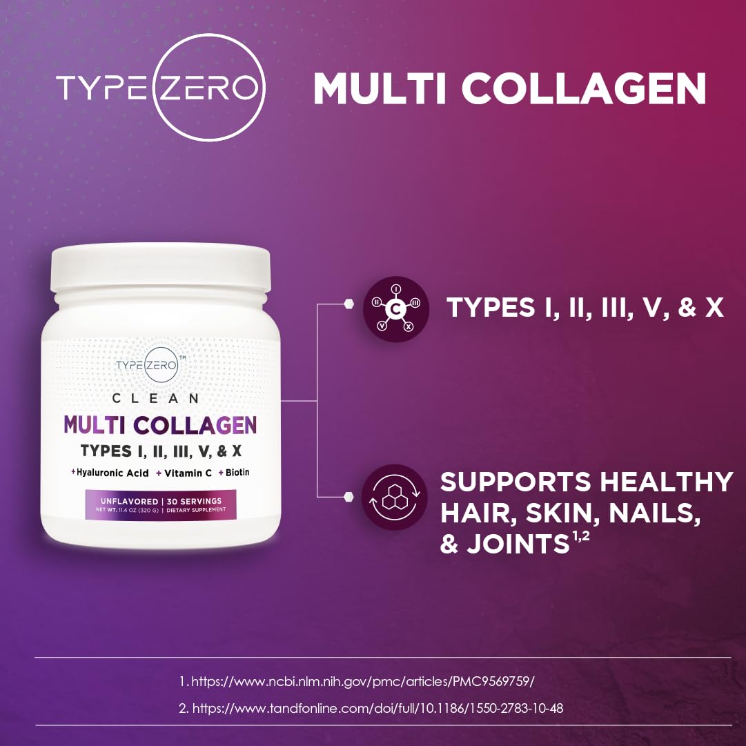Type Zero Multi Collagen Powder 30 Servings (Unflavored) - Types I, II, III, V, & X Collagen Peptides + Hyaluronic Acid, VIT C, Biotin Type Zero uk supplements