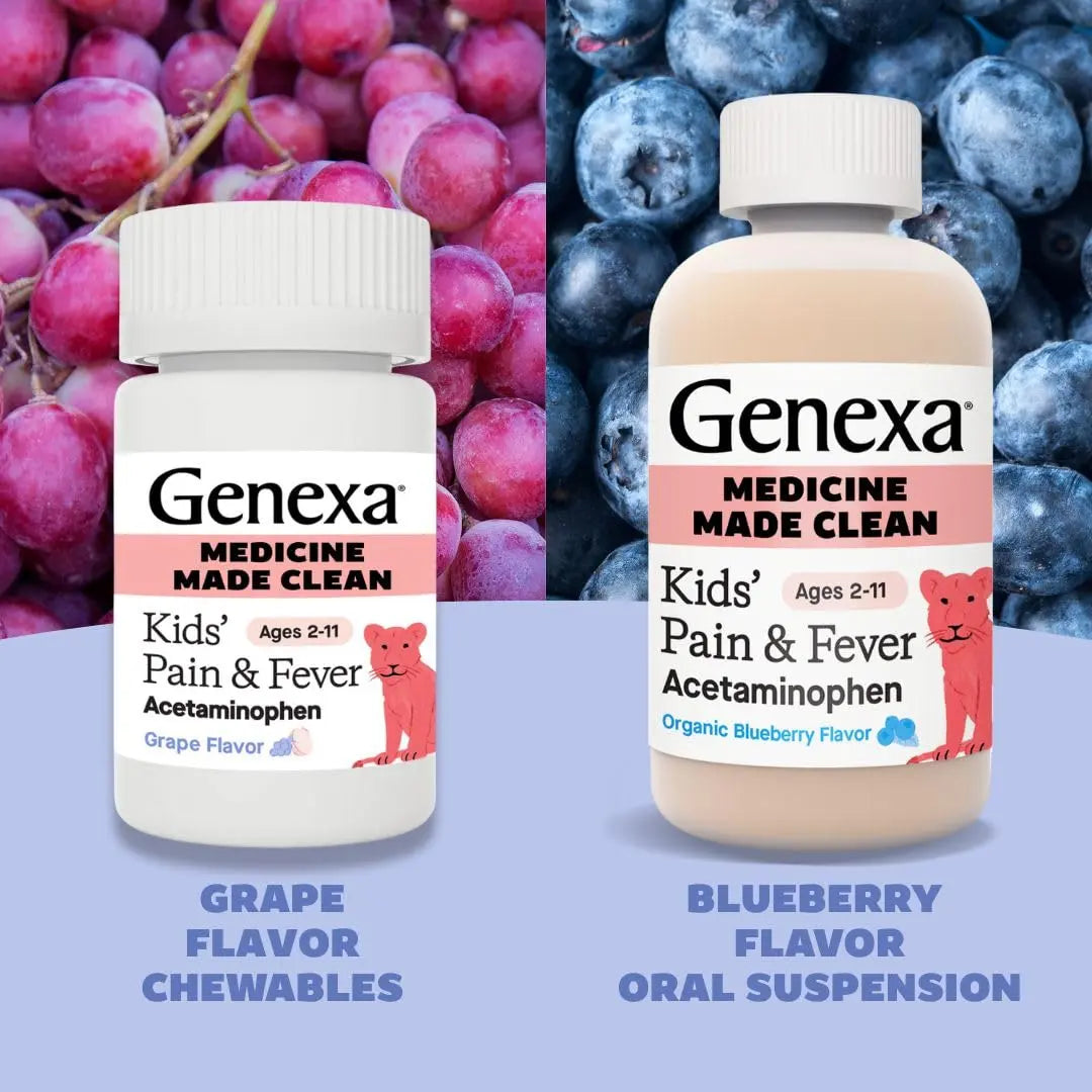 Genexa Kids' Clean Pain & Fever Acetaminophen Bundle | Relieves Fever & Minor Aches and Pain | Dye Free, 0% Artificial Additives | Chewable Tablets & Liquid Oral Suspension for Children Aged 2-11 Genexa uk supplements