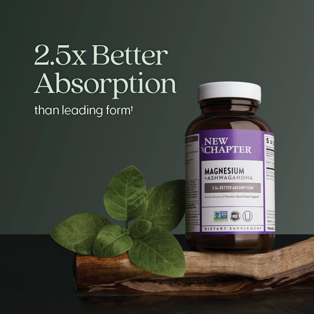 New Chapter Magnesium + Ashwagandha Supplement, 325 mg with Magnesium Glycinate for Muscle Relaxation & Recovery, Heart, Nerve & Bone Health, 2.5X Absorption, Non-GMO - 30 ct (1 Month Supply) New Chapter uk supplements