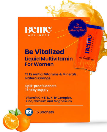 BeMe Liquid Multivitamins for Women - Advanced Liquid Delivery System with 13 Vitamins & Minerals - Tear & Go Sachets, Non-GMO, Orange Flavor (15 Sachets) BeMe uk supplements