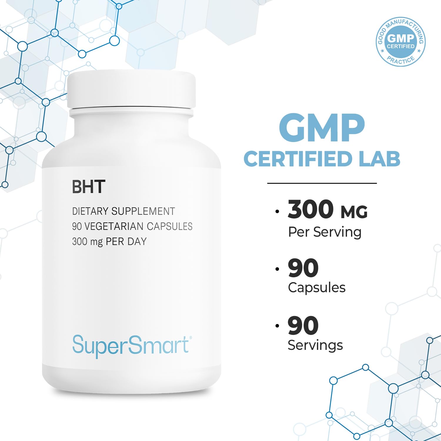 Supersmart - BHT Supplement 300mg per Day - Butylated Hydroxytoluene | Non-GMO & Gluten Free - 90 Vegetarian Capsules Supersmart uk supplements