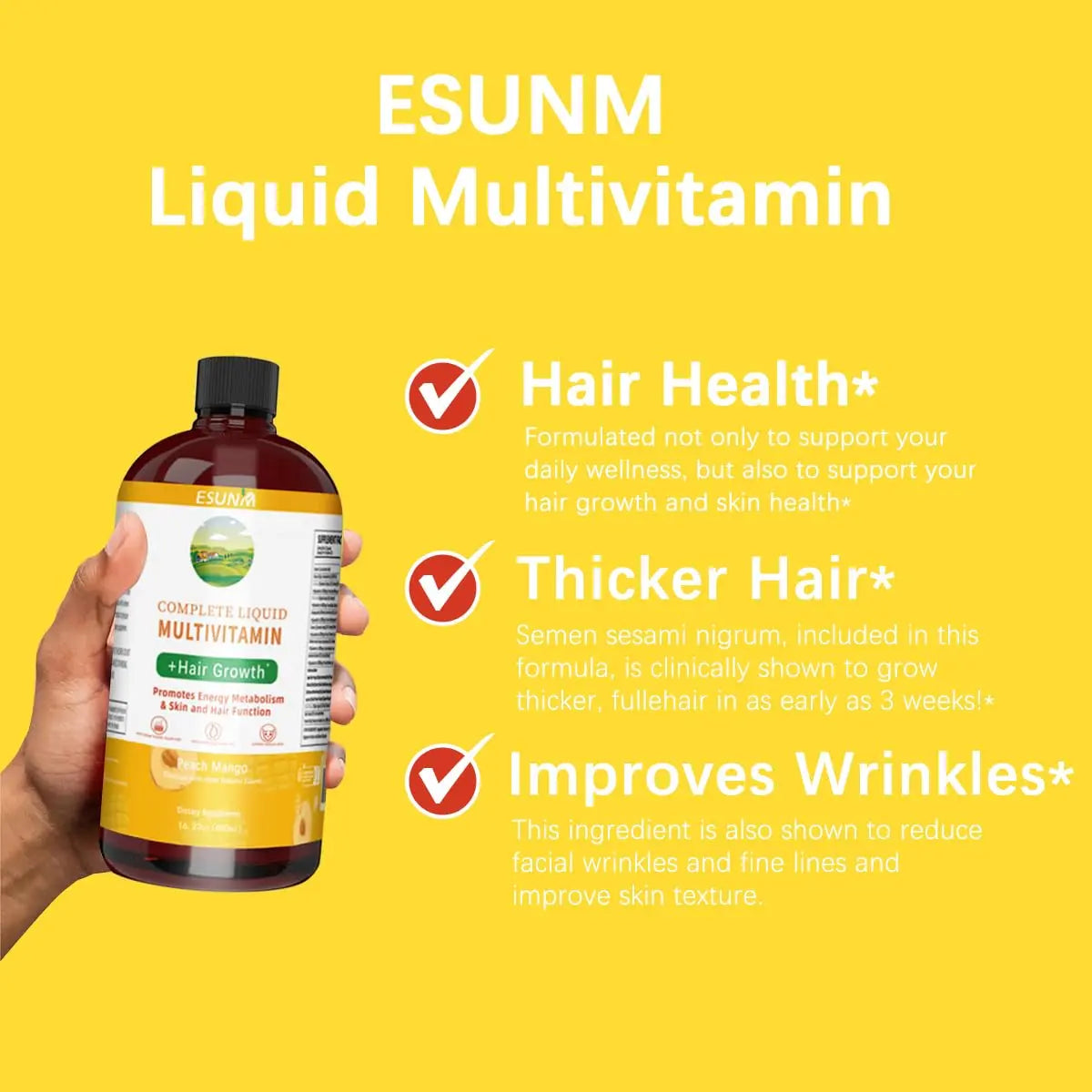 ESUNM Complete Liquid Multivitamin + Hair Growth, Promotes Energy Metabolism& Skin and Hair Function| Vitamin C D | B Vitamins | ESUNM uk supplements