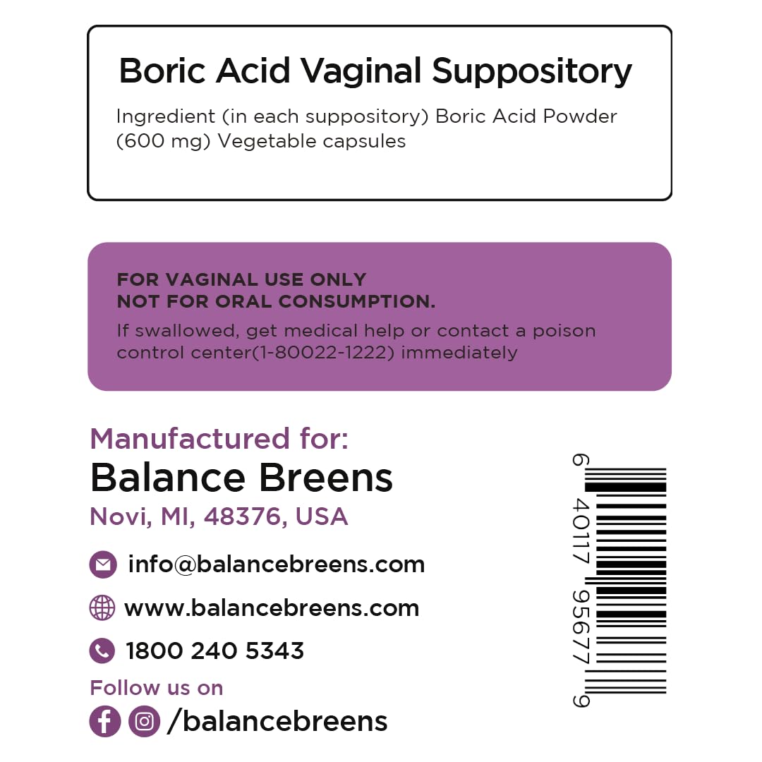 Boric Acid Suppositories for Women 600 mg - 30 Vaginal Use Capsules - ph Balance Pills, Odor Control Balancebreens uk supplements