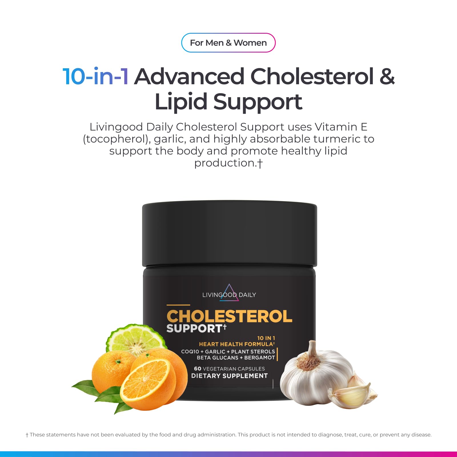 Livingood Daily Cholesterol Support Supplement with Garlic, CoQ10, Vitamin E, Bergamot, Plant Sterols for Body and Heart Health Support, Supports LDL and Triglycerides, Gluten Free, Vegan, 60 Capsules Livingood Daily uk supplements