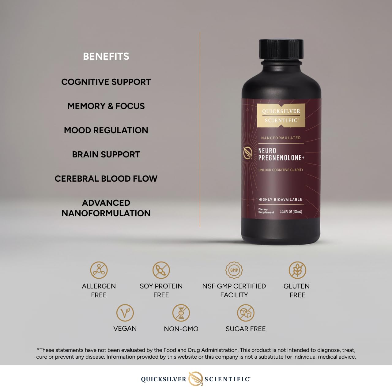 Quicksilver Scientific Neuro Pregnenolone+ - Brain Support Supplement for Neurological Health - Neuroactive Ingredients - Rapid Absorption - Vegan, Sugar-Free & Gluten-Free - 3.38 fl oz (20 Servings) Quicksilver Scientific uk supplements