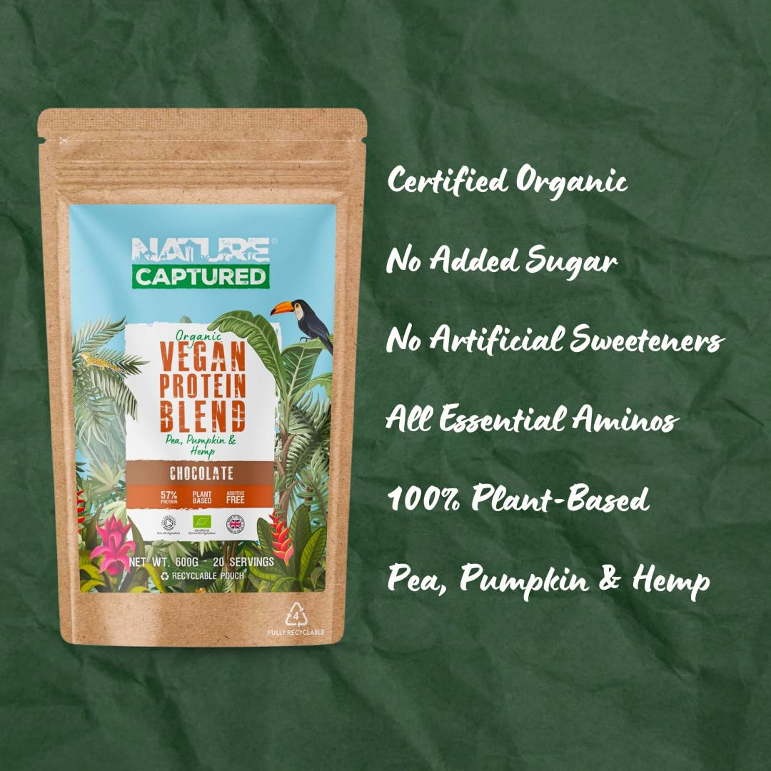 Organic & Raw Vegan Protein Blend (600g) - Chocolate Flavour - Pea, Pumpkin & Hemp Nature Captured uk supplements