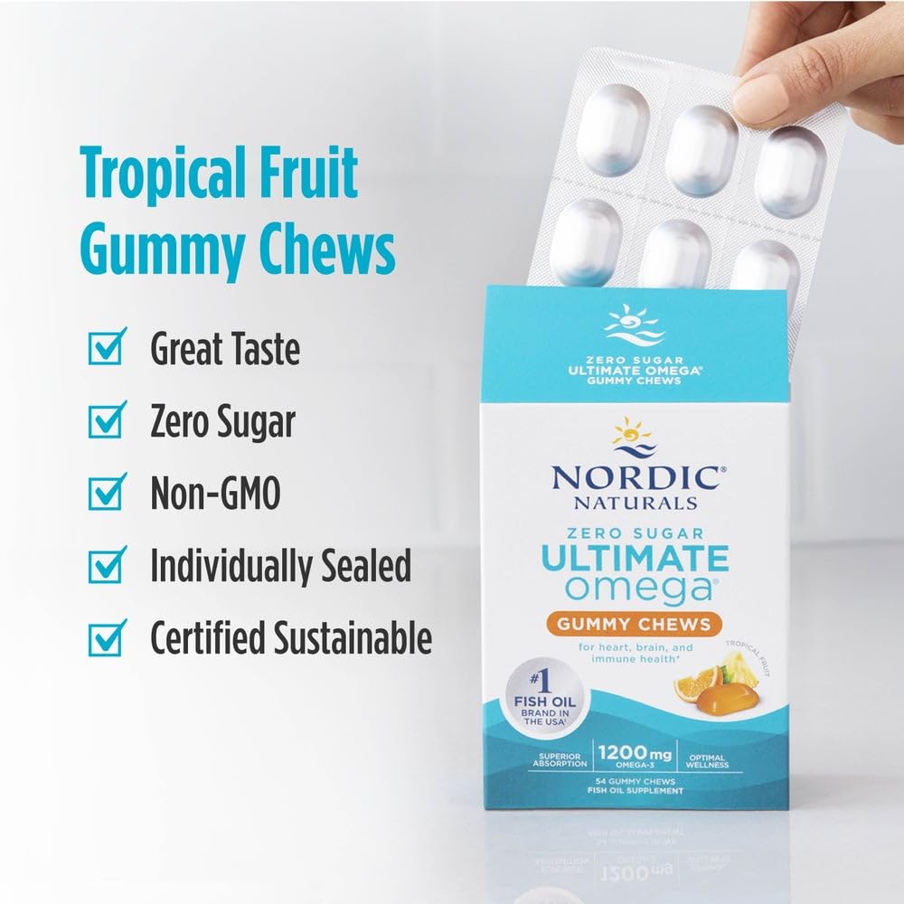 Nordic Naturals Zero Sugar Ultimate Omega Gummy Chews - Tropical Fruit - 54 Gummy Chews - Non GMO - Optimal Wellness - 27 Servings Nordic Naturals uk supplements