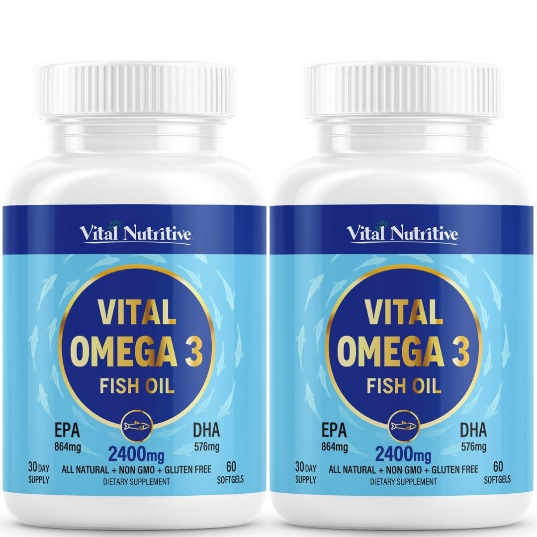 Vital Omega 3 Fish Oil Supplements 2400mg | 864mg EPA & 576mg DHA | 1440mg Total Omega-3 Fatty Acids | Promotes Brain & Heart Health | Non-GMO, Gluten-Free, Sugar-Free | Lemon | 60 Day Servings VITAL NUTRITIVE uk supplements