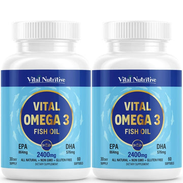 Vital Omega 3 Fish Oil Supplements 2400mg | 864mg EPA & 576mg DHA | 1440mg Total Omega-3 Fatty Acids | Promotes Brain & Heart Health | Non-GMO, Gluten-Free, Sugar-Free | Lemon | 60 Day Servings VITAL NUTRITIVE uk supplements