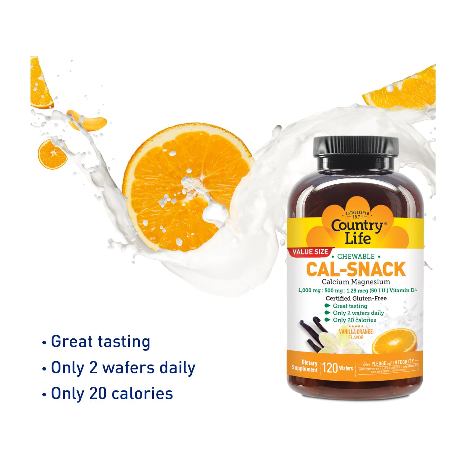 Country Life Cal-Snack - Chewable Calcium Magnesium Supplement wafers with Vitamin D3, Easy to Digest, Vanilla Orange Flavor, Dietary Supplement Country Life uk supplements