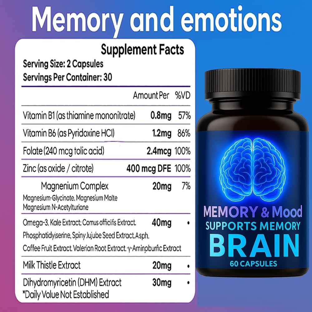 Nootropic Brain Supplements for Memory and Focus, Cognitive Support Formula with B Vitamins, Folate & Dihydromyricetin – Mental Clarity & Daily Performance, 60 Capsules (1) DFTLUUE uk supplements