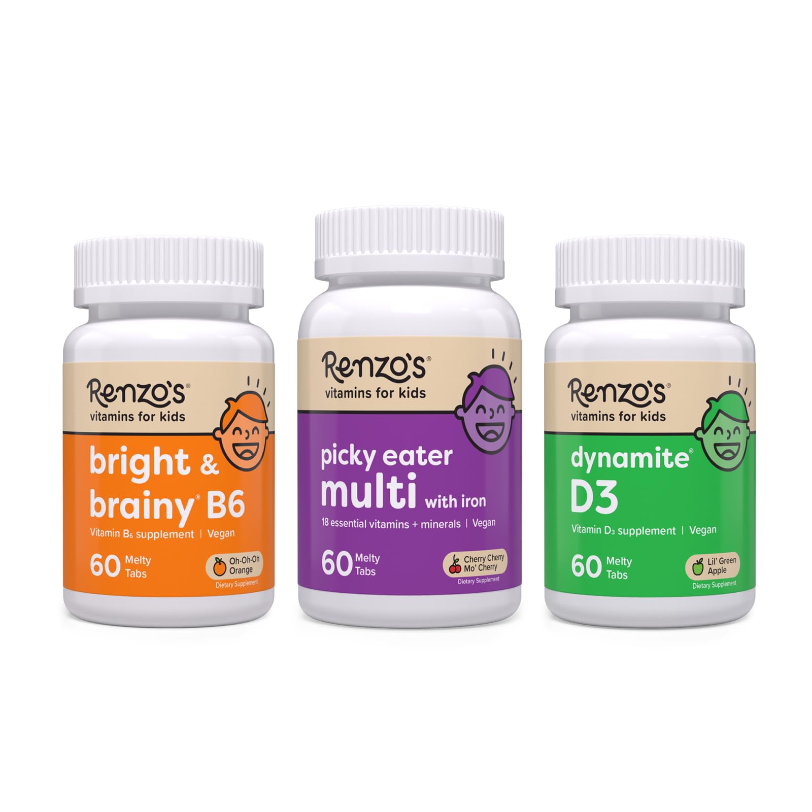 Renzo's Vitamins Adventurous Kid Bundle - Picky Eater Kids Multivitamin, Vitamin D3 for Kids, and Bright & Brainy Vitamin B6 Renzo's uk supplements