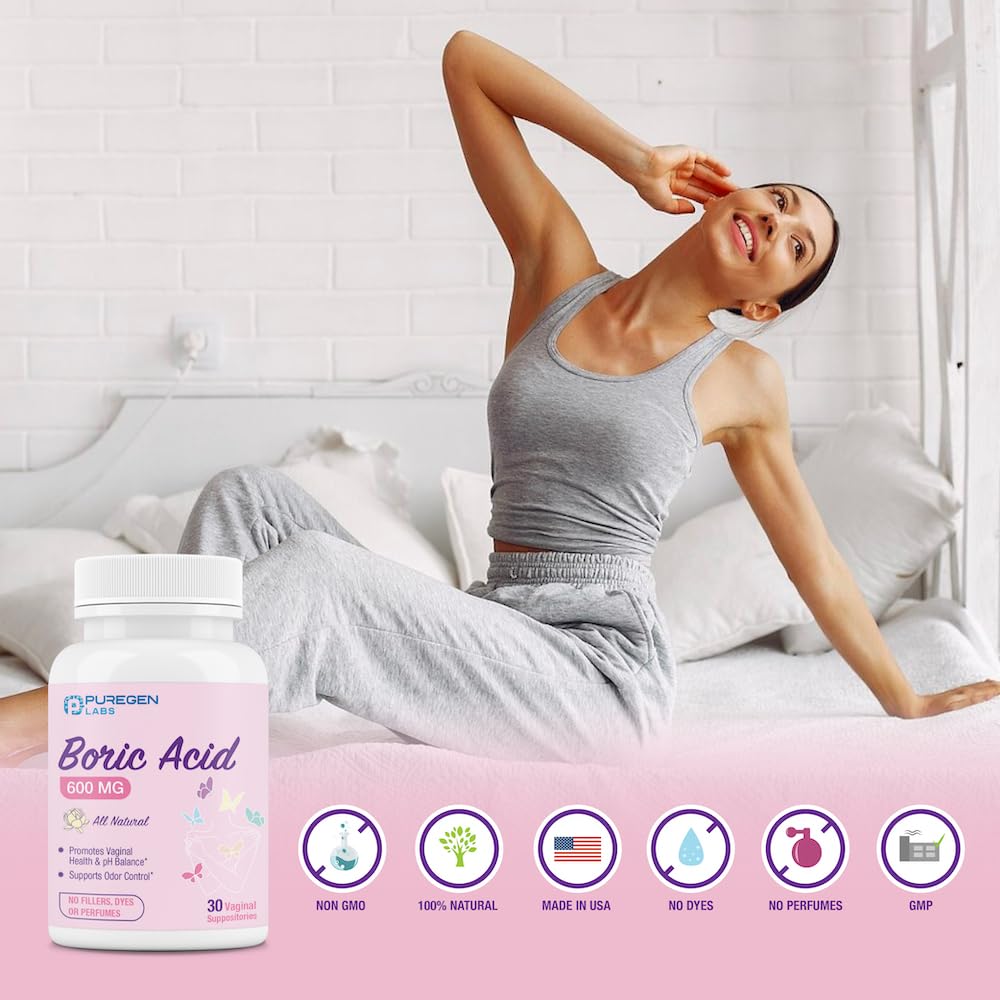 Puregen Labs Boric Acid 600 mg Vaginal Suppositories - 100% Pure | All Natural Without Dyes or Fillers P Puregen Labs uk supplements