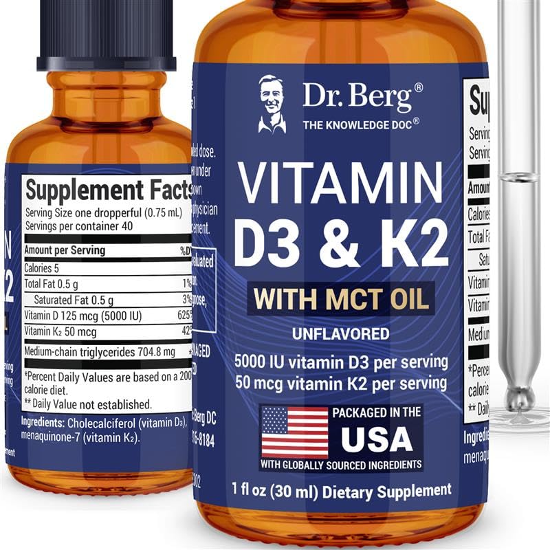 Dr. Berg Maximum Strength Vitamin D3 K2 Liquid Drops with MCT Oil – 5,000 IU Liquid Vitamin D3 with K2 – Supports Strong Bones, Heart, Energy, Immunity, and Overall Vitality* - Unflavored 1 Fl Oz Dr. Berg Nutritionals uk supplements