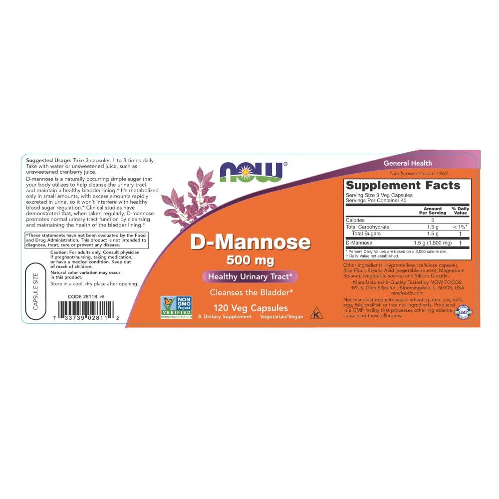 NOW Foods Supplements, D-Mannose 500 mg, Non-GMO Project Verified, Healthy Urinary Tract*, 120 Veg Capsules (Pack of 3) NOW Foods uk supplements