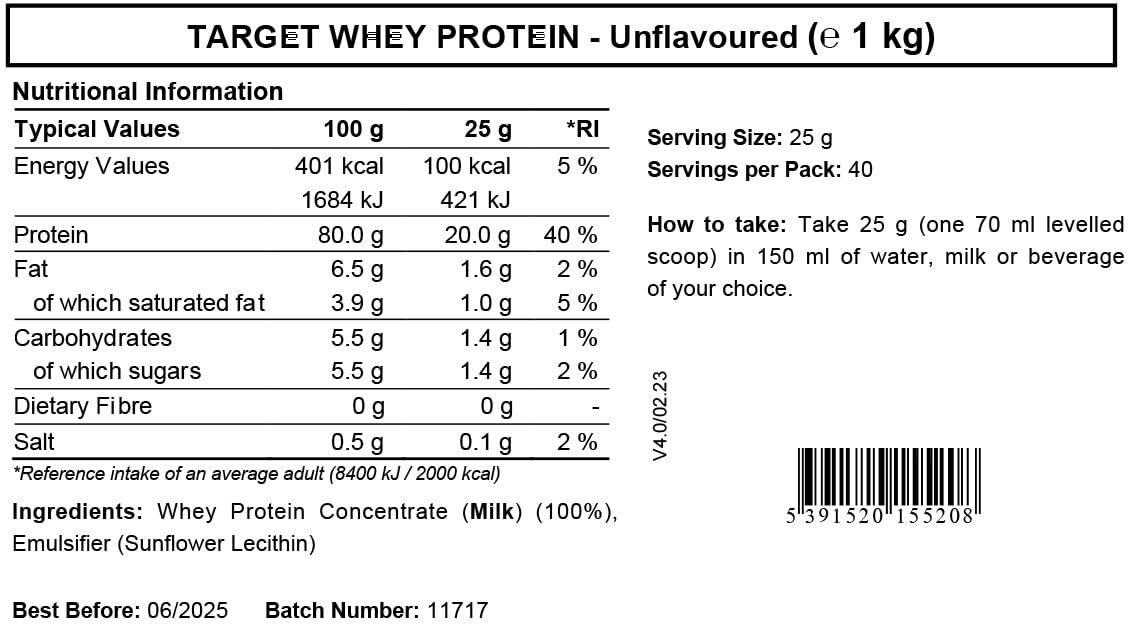 Whey Protein Powder | Unflavoured | Target Whey Protein by ROS Nutrition | 1 Kg | 40 Servings ROS Nutrition uk supplements