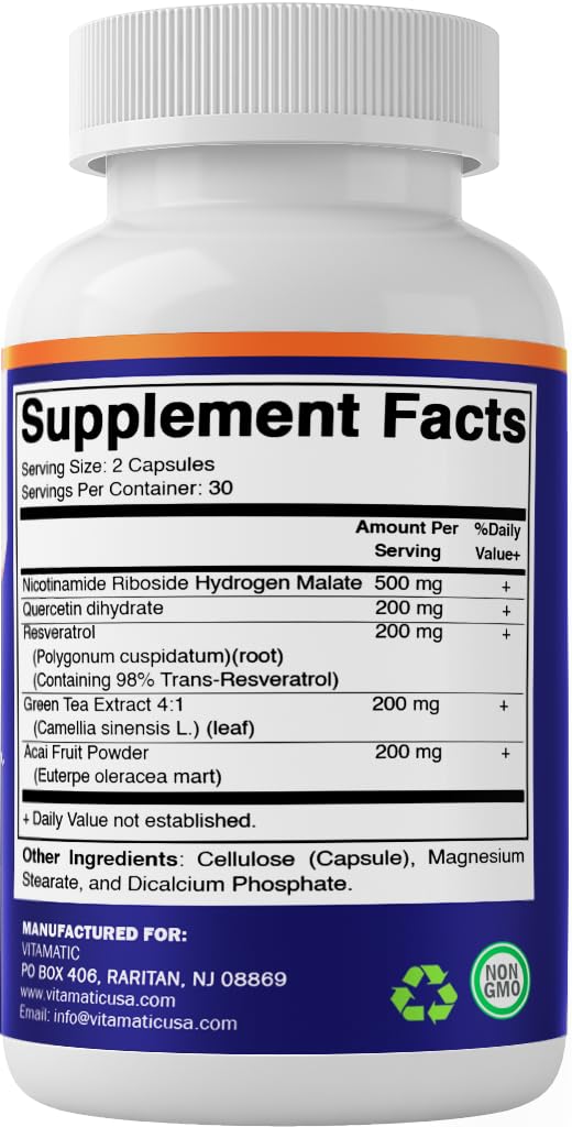 Vitamatic NAD Nicotinamide Riboside Supplement 1300mg 60 Ct - Support Healthy Aging, Cellular Energy Production, Made with Riboside, Quercetin, Resveratrol, Green Tea, & Acai Powder Vitamatic uk supplements