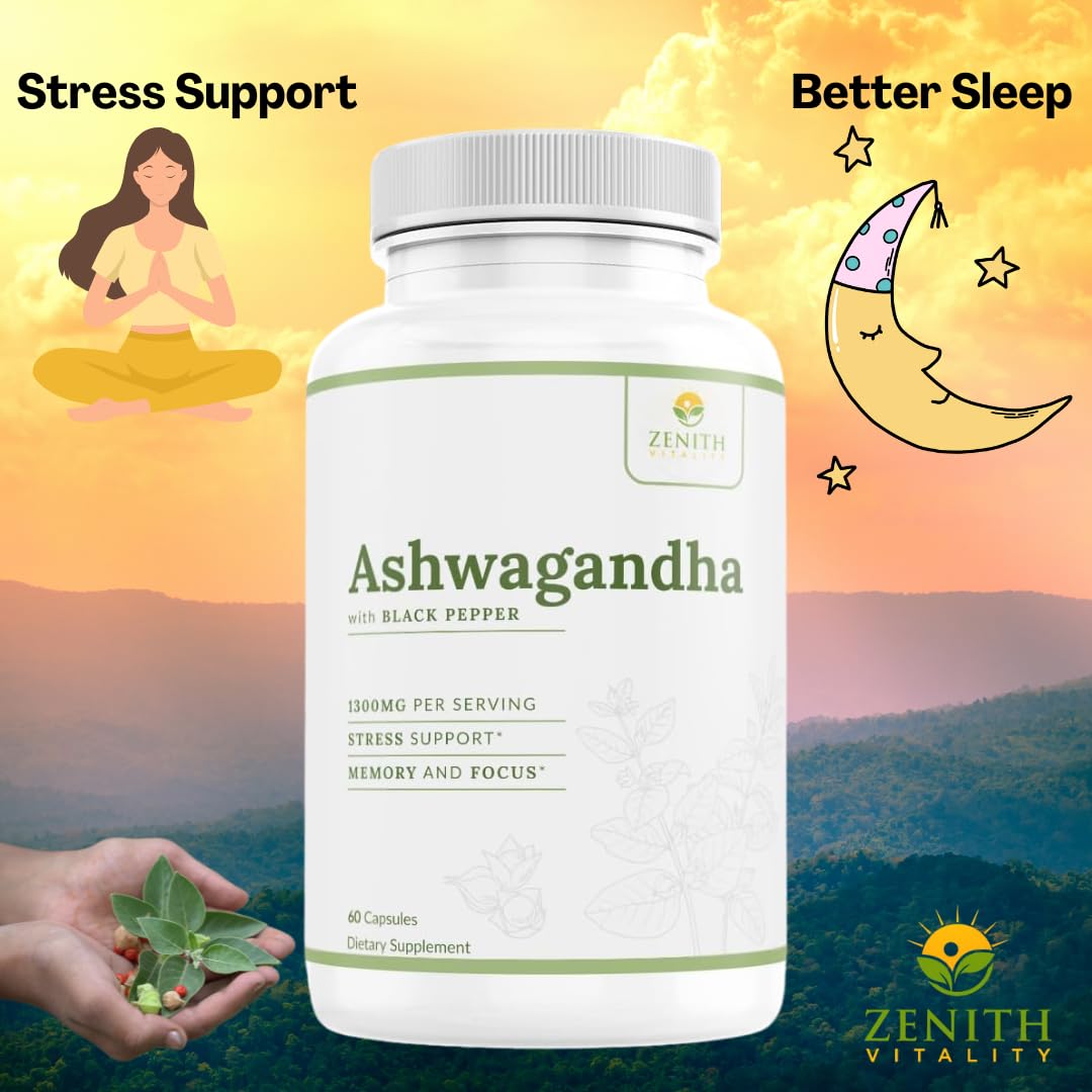 Zenith Vitality Ashwagandha 1300mg Capsules – Stress Relief & Cortisol Support, Immune & Energy Boost, Mental Clarity, Herbal Adaptogen Supplement – 60 Count Zenith Vitality uk supplements