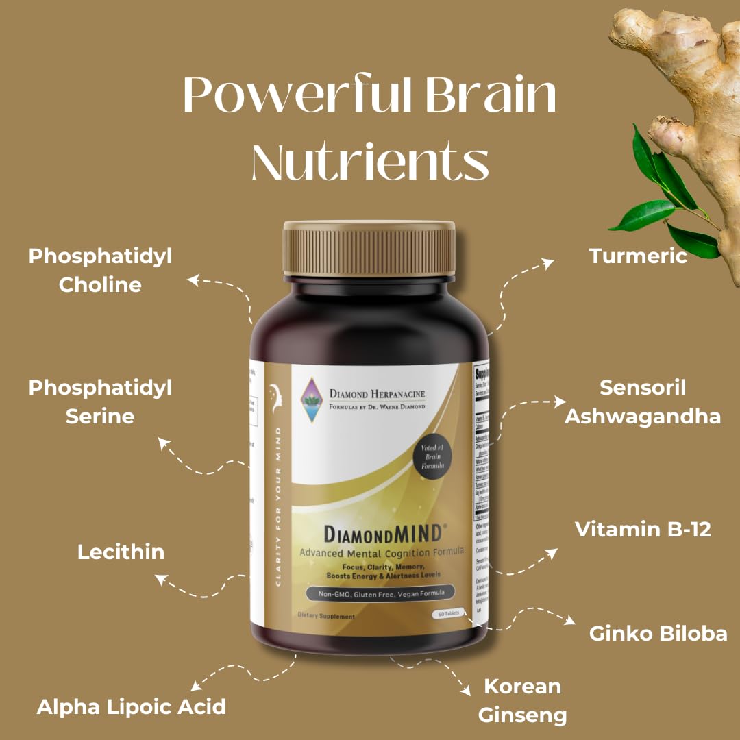 DiamondMIND Brain Support Supplement - Natural Formula for Mental Energy & Cognitive Function - Focus, Clarity, and Memory Supplement - Less Mental Stress - Vegan, Gluten-Free, Dairy-Free - (60 Count) Herpanacine uk supplements
