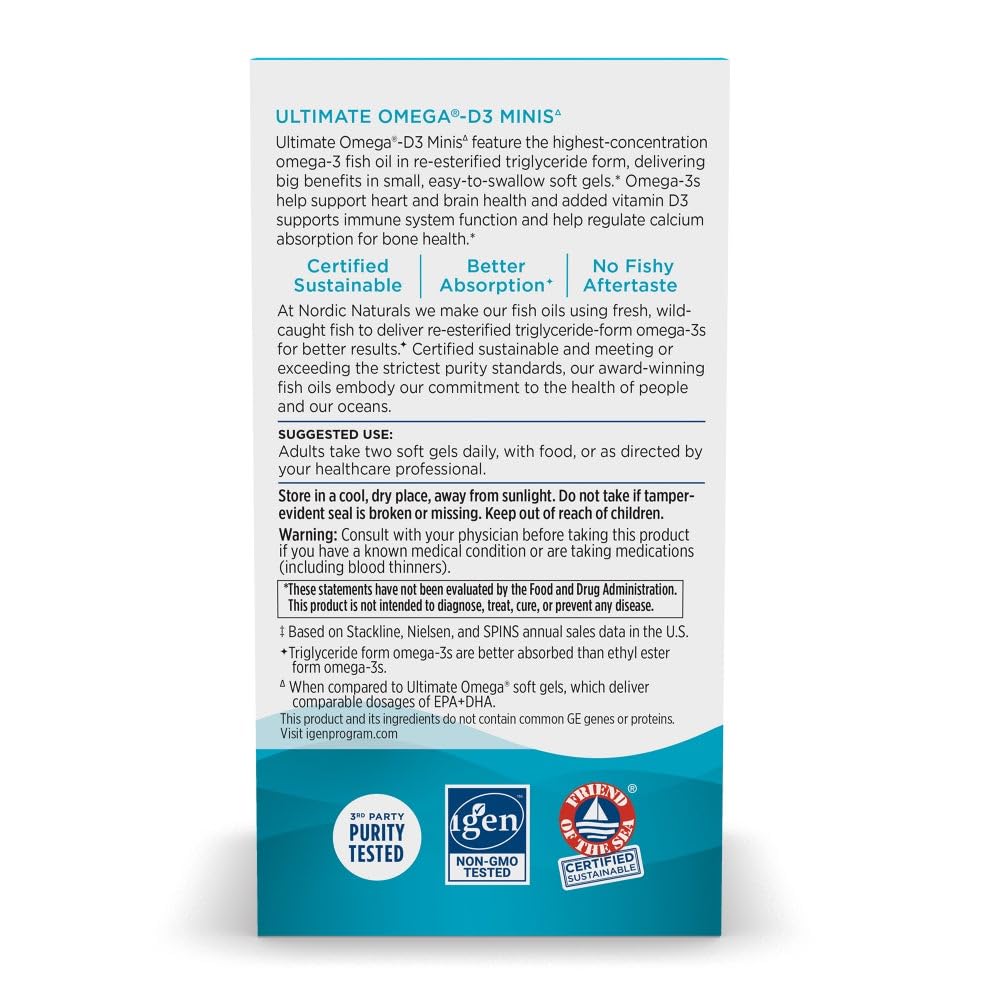 Nordic Naturals Ultimate Omega Mini D3, Lemon Flavor - 60 Mini Soft Gels - 1120 mg Omega-3 + 1000 IU Vitamin D3 - EPA & DHA - Promotes Brain & Heart Health - 30 Servings Nordic Naturals uk supplements