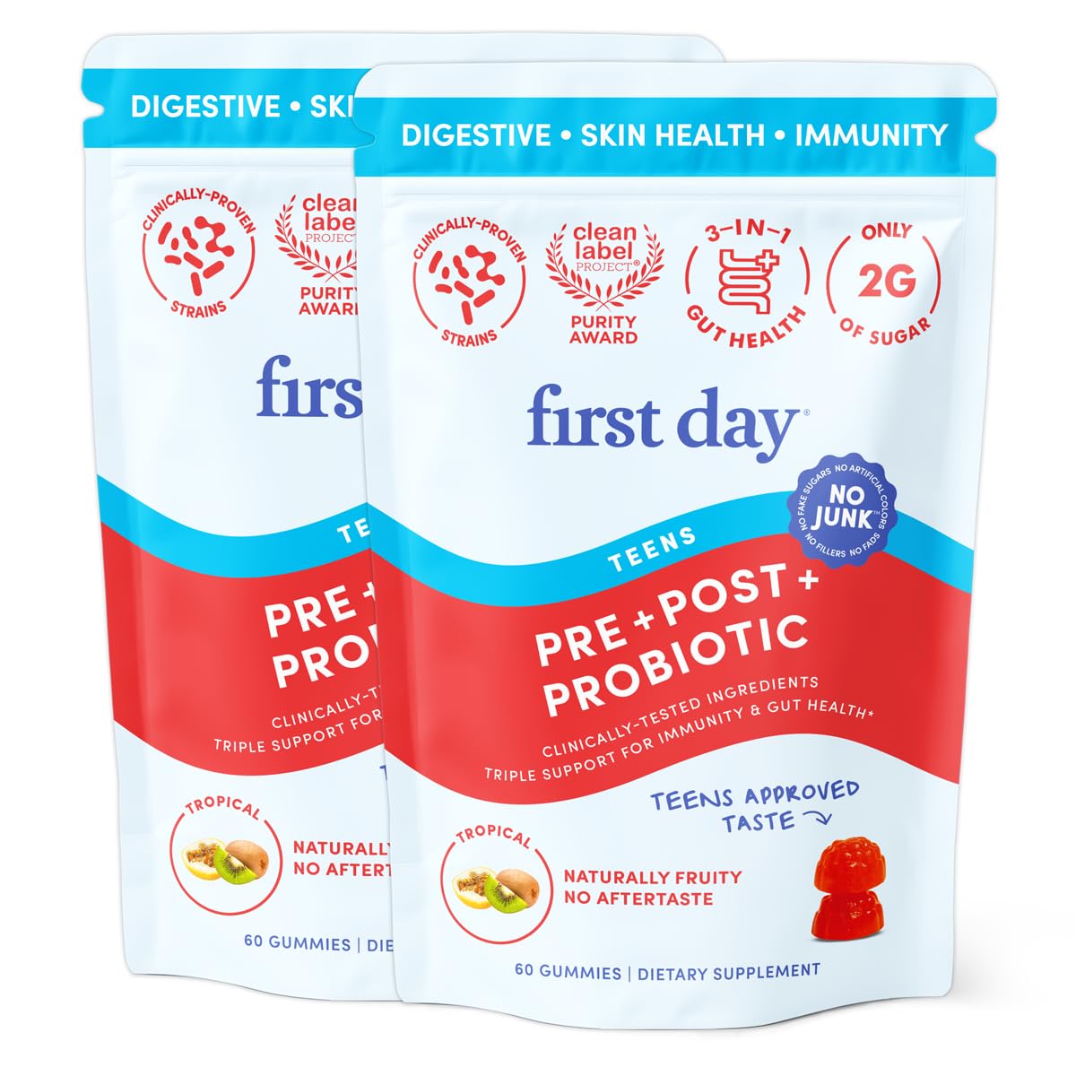 FIRST DAY Teens’ Gut Sustainer Tribiotic Gummies – 3-in-1 Prebiotic, Probiotic & Postbiotic Supplement – Supports Digestive, Skin, Oral & Immune Health, Nutrient Absorption & Growth – 60-Day Supply FIRST DAY uk supplements