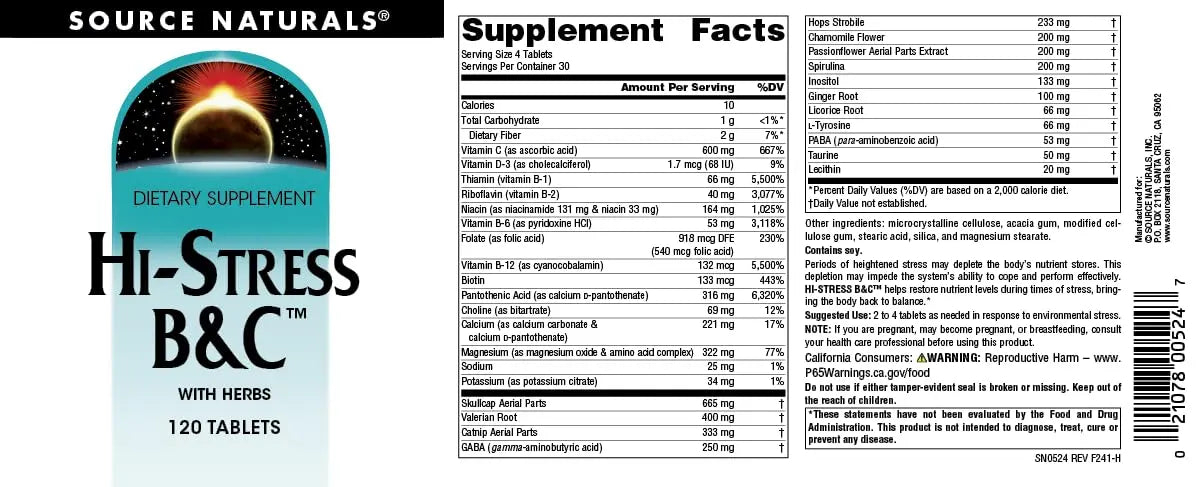 Source Naturals Hi-Stress B&C with Herbs - 120 Tablets Source Naturals uk supplements