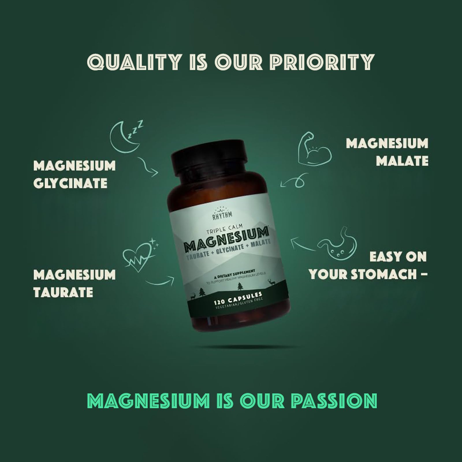 Natural Rhythm Triple Calm Magnesium Complex - 120 Capsules, Chelated Magnesium Glycinate, Taurate & Malate, High Absorption Supplement for Sleep, Stress, Muscle & Heart Support, Non-GMO, Vegan Natural Rhythm uk supplements