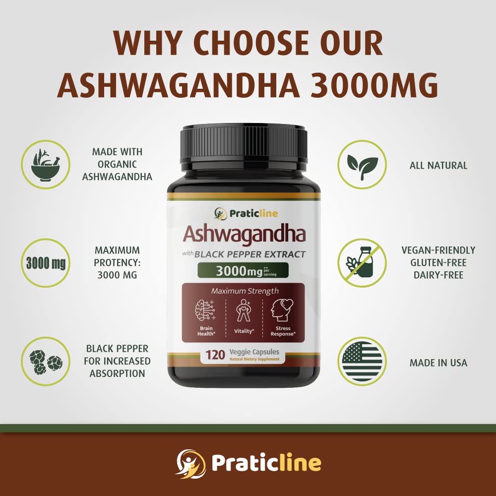 PRATIC LINE Ashwagandha Capsules 3,000 mg - 120 Vegan Cap Made with Organic PRATIC LINE uk supplements