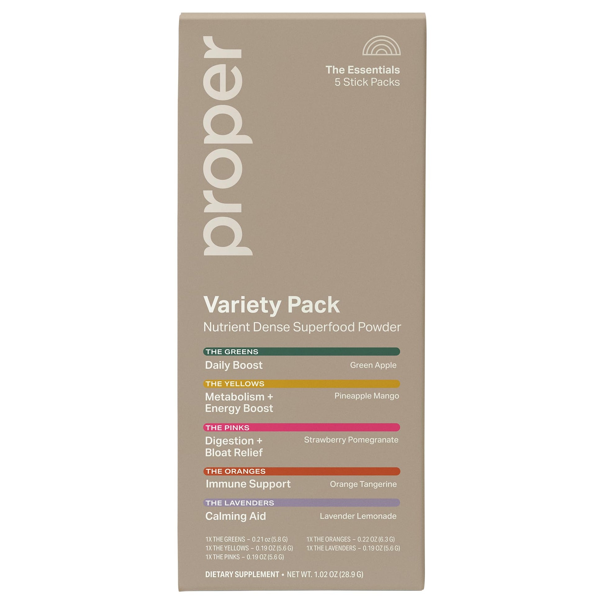 Proper The Essentials Super Foods Powder 5-Stick Variety Pack - Super Greens, Gut Health, Metabolism & Energy, Calm Magnesium Powder & Immune Support Supplement Packs Proper uk supplements