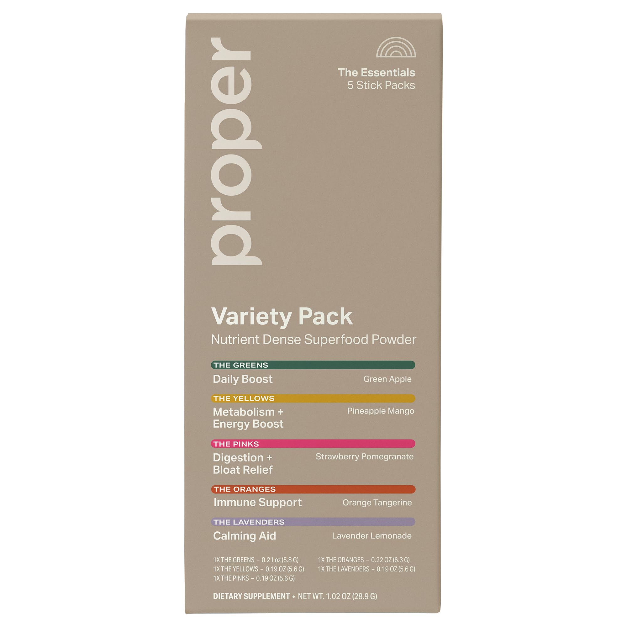 Proper The Essentials Super Foods Powder 5-Stick Variety Pack - Super Greens, Gut Health, Metabolism & Energy, Calm Magnesium Powder & Immune Support Supplement Packs Proper uk supplements