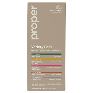 Proper The Essentials Super Foods Powder 5-Stick Variety Pack - Super Greens, Gut Health, Metabolism & Energy, Calm Magnesium Powder & Immune Support Supplement Packs Proper uk supplements