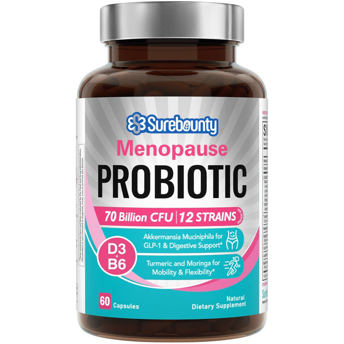 Surebounty Menopause Probiotic Supplement for Women, 70 Billion CFU, with Akkermansia Muciniphila, Vitamins B6 & D3, Botanicals, for Hormone Balance, Hot Flashes, Night Sweats, Gut Health, 60 Capsules Surebounty uk supplements