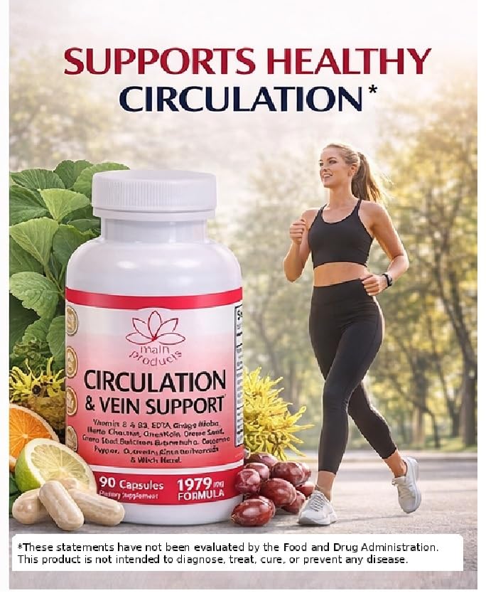 Circulation & Vein Support Supplement - Vitamins E & B3, Ginkgo Biloba, Horse Chestnut, Gotu Kola, Grape Seed, Butcher's Broom & Citrus Bioflavonoids - 1979 mg Formula - 90 Capsules - 30 Days Supply. Main Products uk supplements