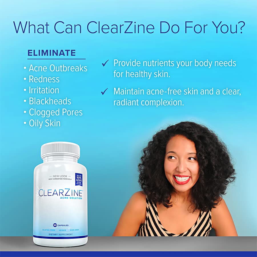 ClearZine Acne Pills for Teens & Adults | Clear Skin Supplement, Vitamins for Hormonal & Cystic Acne | Stop Breakouts, Oily Skin and Zits, 90 Caps ClearZine uk supplements
