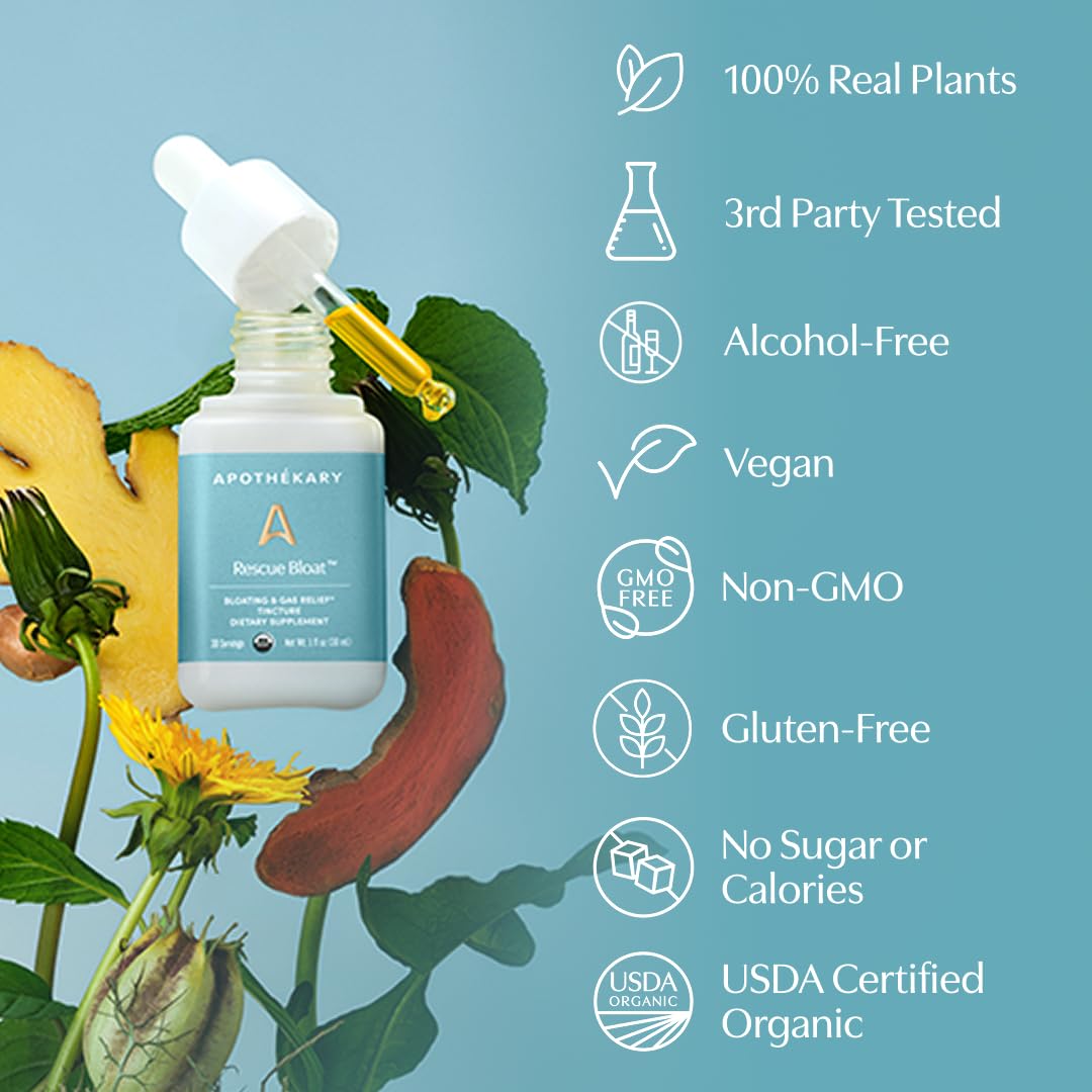 Apothékary Rescue Bloat, Fast-Acting Digestive Drops for Occasional Gas and Bloat Relief, Herbal Liquid Drops with Peppermint, Lemon Balm, Dandelion, Ginger, Turmeric, Made in USA, 1 fl oz 30 Servings Apothékary uk supplements