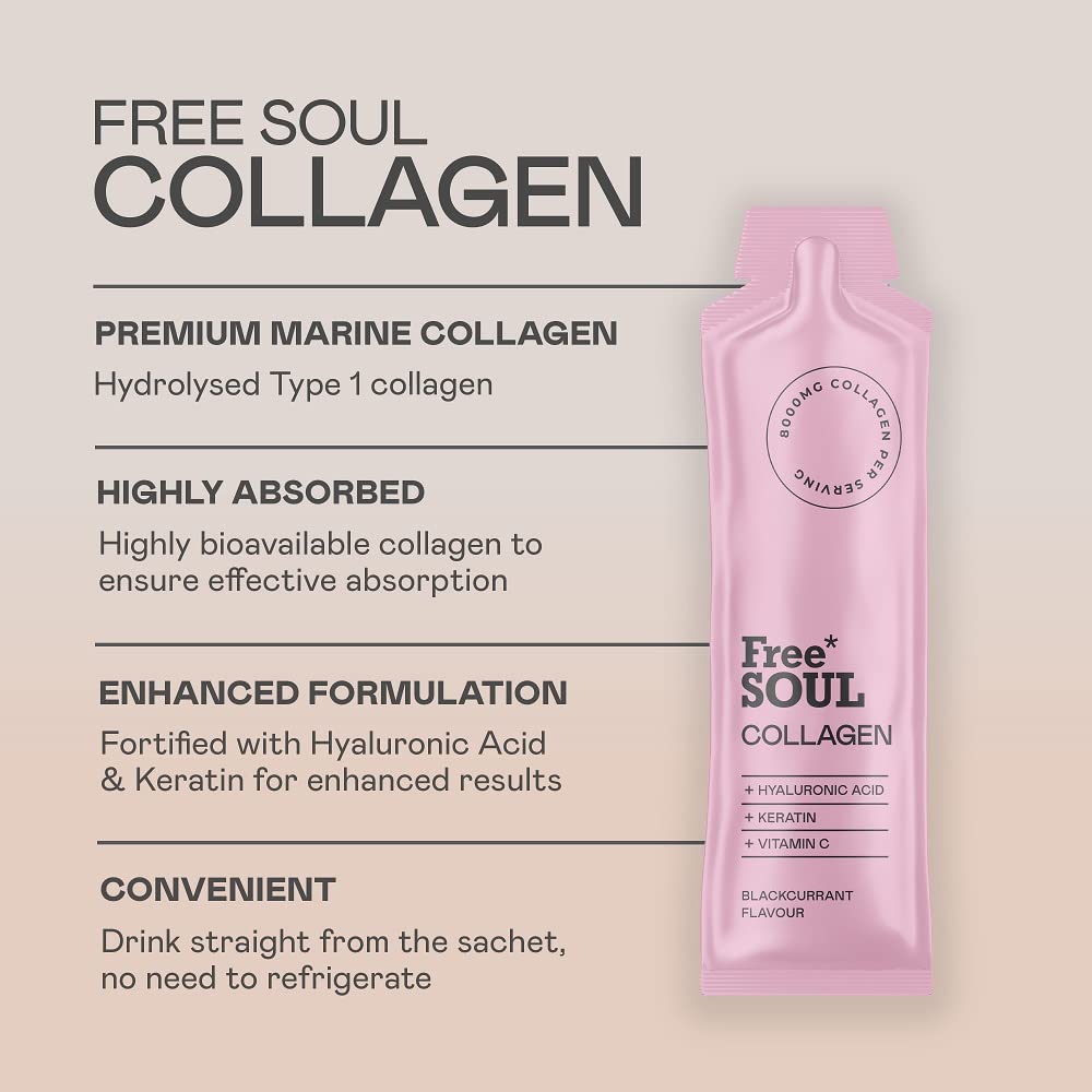 Marine Collagen Liquid 8000mg with Hyaluronic Acid, Keratin, & Vitamin C, 14 x 8000mg Hydrolysed Collagen Free Soul uk supplements