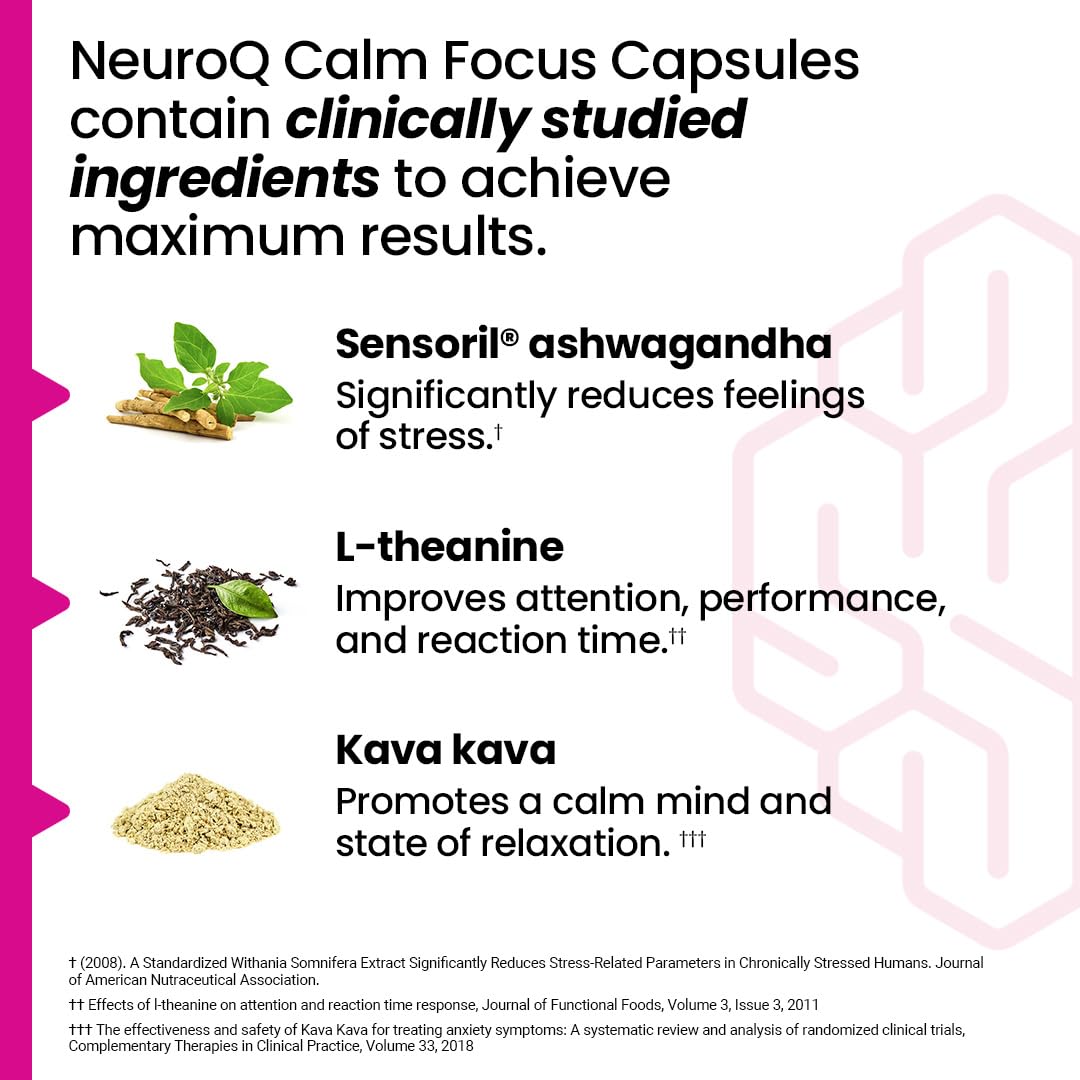 LifeSeasons NeuroQ Calm Focus Capsules - Stress Relief Supplement - Supports Mental Function & Relaxation - Sensoril Ashwagandha, Magnesium, GABA, L-Theanine, Andean Cocoa & Kava Kava - 60 Capsules LifeSeasons uk supplements