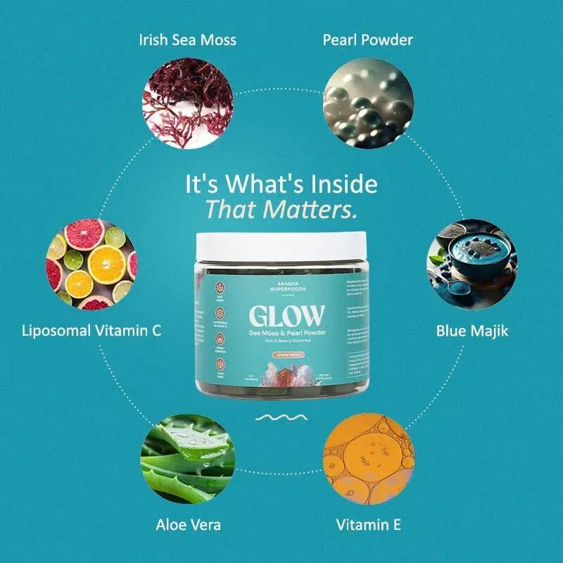 Akasha Superfoods Sea Moss Glow Gummies, Hair, Skin & Nails Vitamins with Seamoss, Pearl Powder, Vitamin E, Aloe Vera, Liposomal Vitamin C Akasha Superfoods uk supplements