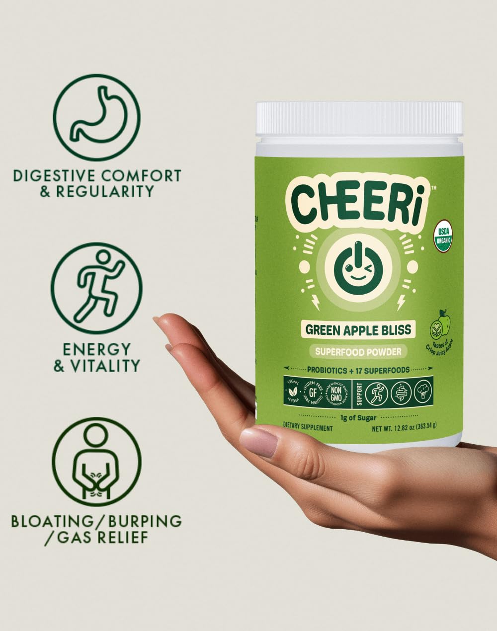 Cheerific Crisp Apple Greens Superfood Powder - 20+ Organic Superfoods + Prebiotic & Probiotics + More - Keto Friendly - Supports Positive Mood, Gut Health - Vegan, Gluten Free, Non-GMO - 30 Day Cheerific uk supplements