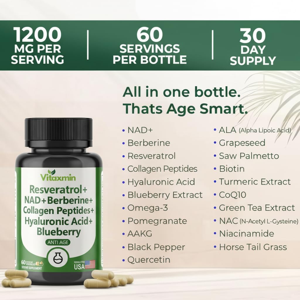 vitaxmin NAD Resveratrol Supplement 200mg with Berberine NAC Collagen - Nicotinamide Riboside NMN NADH CoQ10 Biotin Hyaluronic Acid - Hair Skin Nails Supplement - 60 Capsules vitaxmin uk supplements
