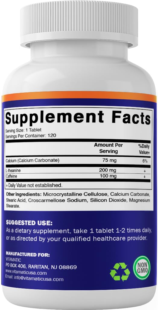 Vitamatic L-Theanine 200mg with Caffeine 100mg – 120 Vegetarian Tablets Nootropic Supplement for Focused Energy & Mental Clarity Vitamatic uk supplements