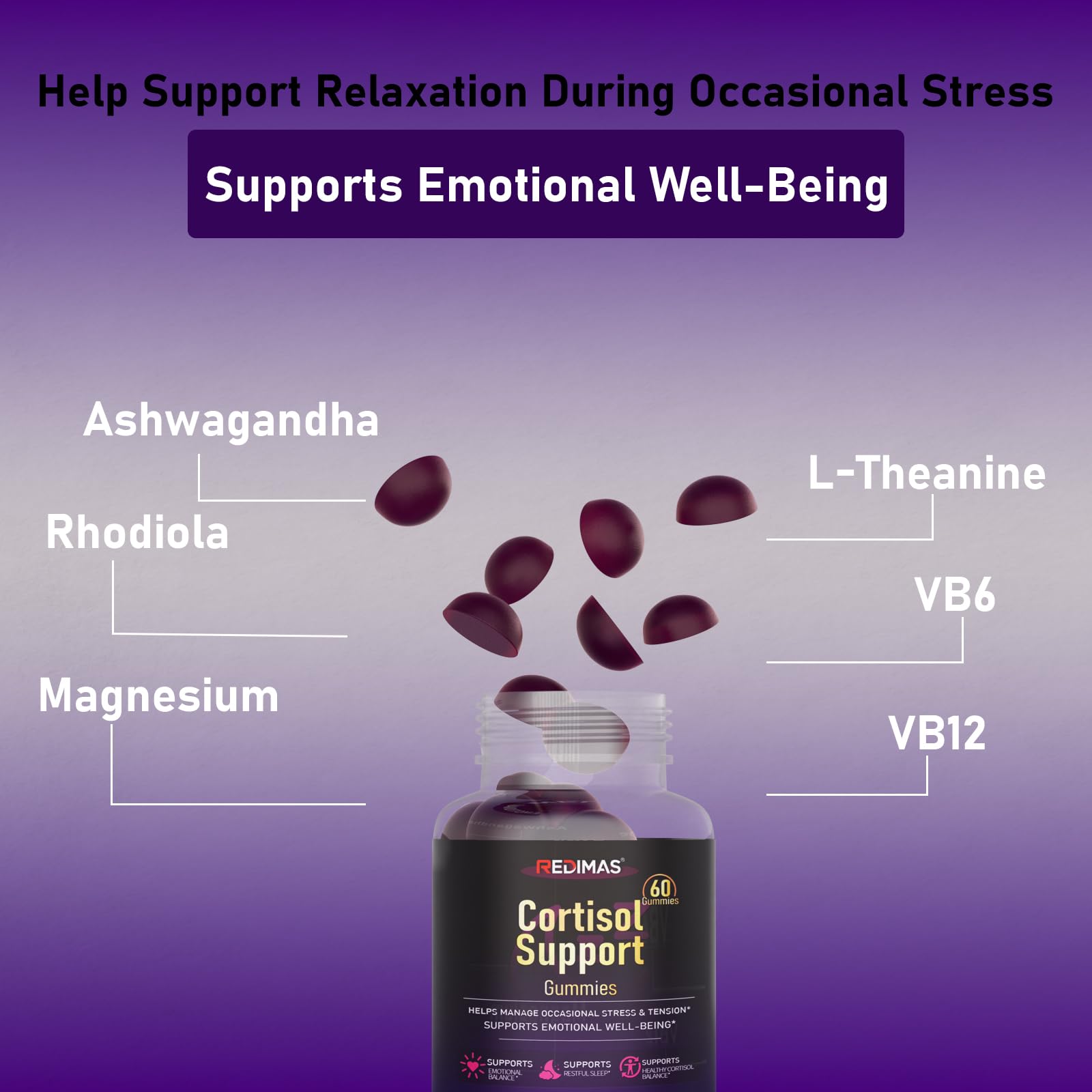 Redimas Cortisol Gummies for Women & Men with Ashwagandha, Magnesium, L-Theanine and Multivitamin, Vegan Chewable Gummies for Daily Lifestyle Balance, Convenient Adult Supplement, 60 Count Redimas uk supplements