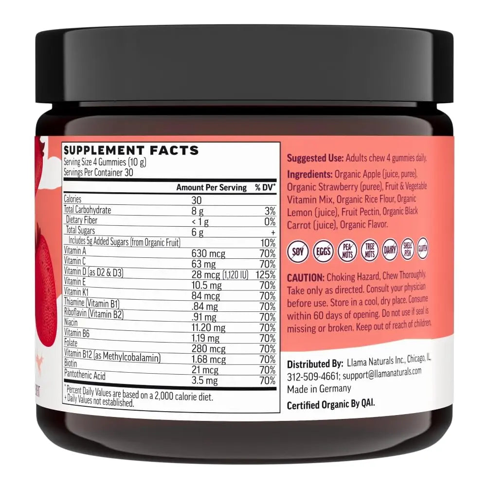 Llama Naturals Multivitamin for Women & Men, Vegan, Organic Gummies with Vitamin D, C & K, Adults Real Fruit Gummy Vitamins Llama Naturals uk supplements