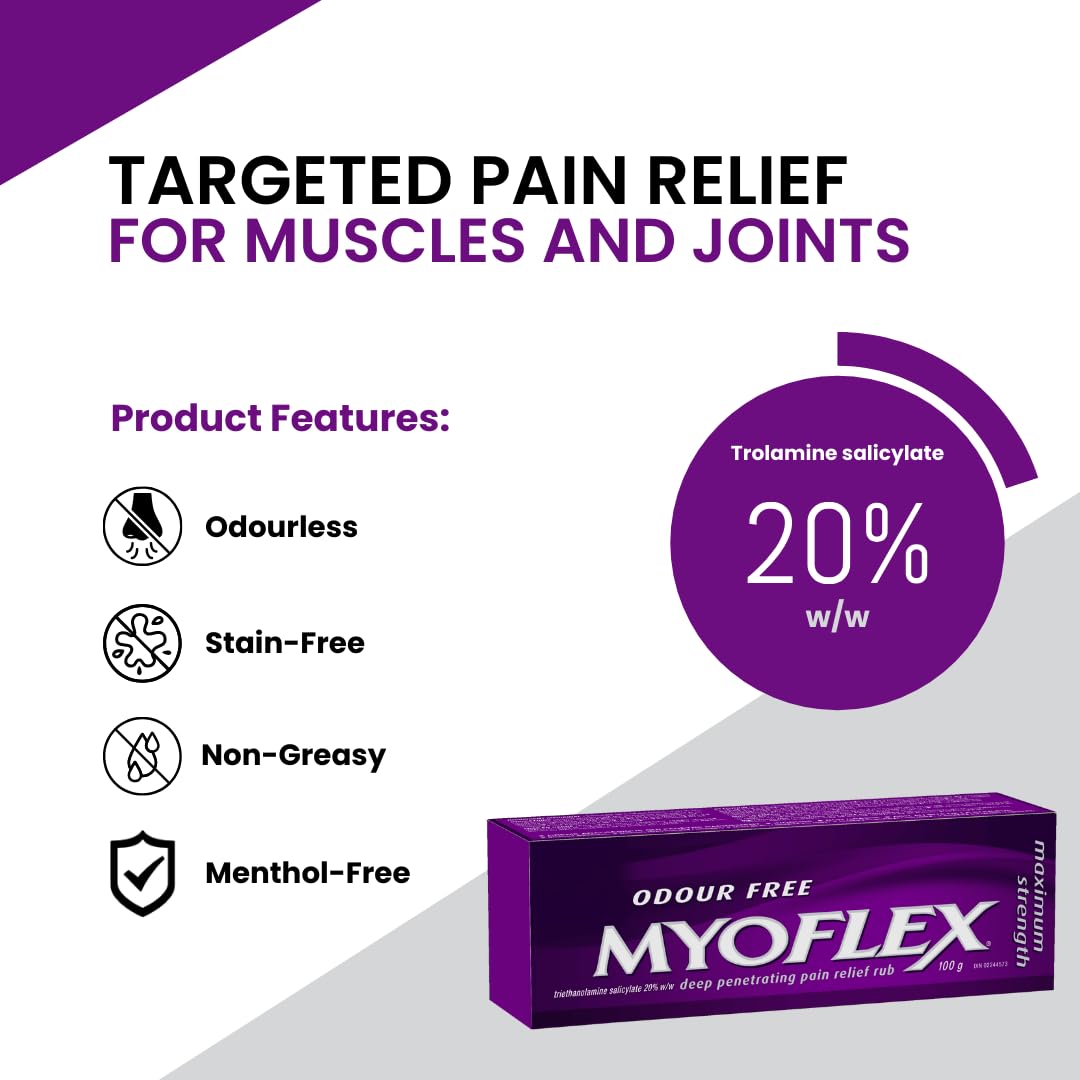 Myoflex Pain Relief Rub | Odourless | Provides Deep Penetrating Relief of Muscle Soreness & Joint Pain | Menthol Free | Stain Free | Non-Greasy | Great for Ages 2+ | 100 Grams (Maximum Strength) Myoflex uk supplements