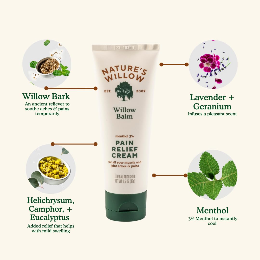 Nature's Willow Willow Balm Natural Pain Relief Cream for Muscles & Joints | Fast-Acting with Willow Bark & Menthol | Free from Artificial Fragrances & Dyes | 1-Pack | 3.5 fl oz Nature's Willow uk supplements