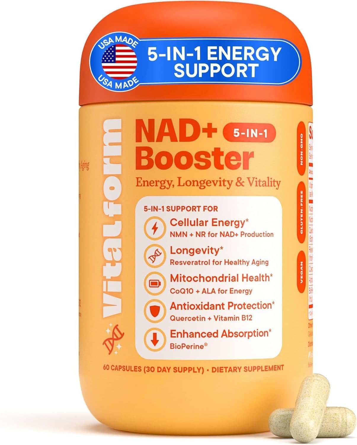 VitalForm NAD+ Supplement with NMN & Nicotinamide Riboside (NR) – Advanced Cellular Energy & Healthy Aging Complex – with Resveratrol, CoQ10, Quercetin & BioPerine – 60 Vegan Capsules VitalForm uk supplements