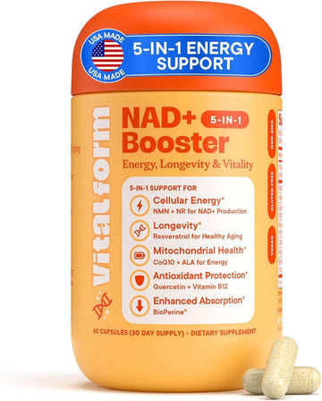 VitalForm NAD+ Supplement with NMN & Nicotinamide Riboside (NR) – Advanced Cellular Energy & Healthy Aging Complex – with Resveratrol, CoQ10, Quercetin & BioPerine – 60 Vegan Capsules VitalForm uk supplements