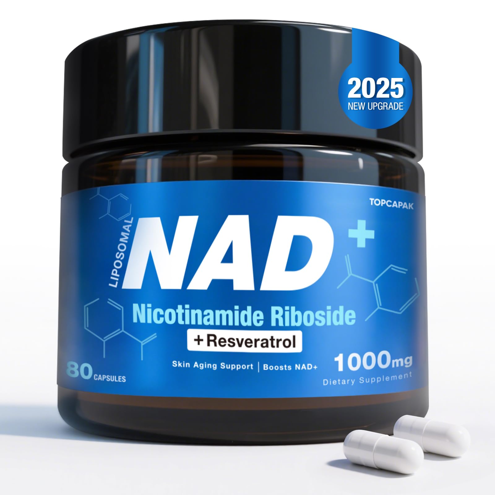 TOPCAPAK NAD+ Supplement - NAD Nicotinamide Riboside Resveratrol, Liposomal NAD+ Supplement 1000mg for for Women & Men - Healthy Aging, Brain and Cellular Energy, Non-GMO, 80 Capsules TOPCAPAK uk supplements